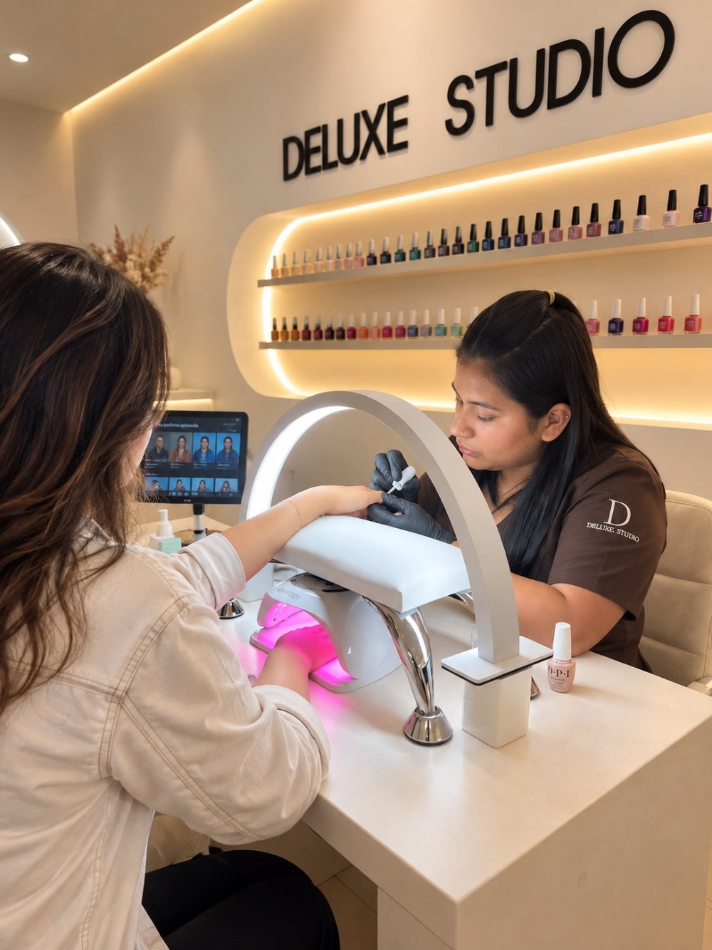 Una manicurista de Deluxe Studio esmaltando a una clienta, bajo el rótulo del salón y la estantería de esmaltes