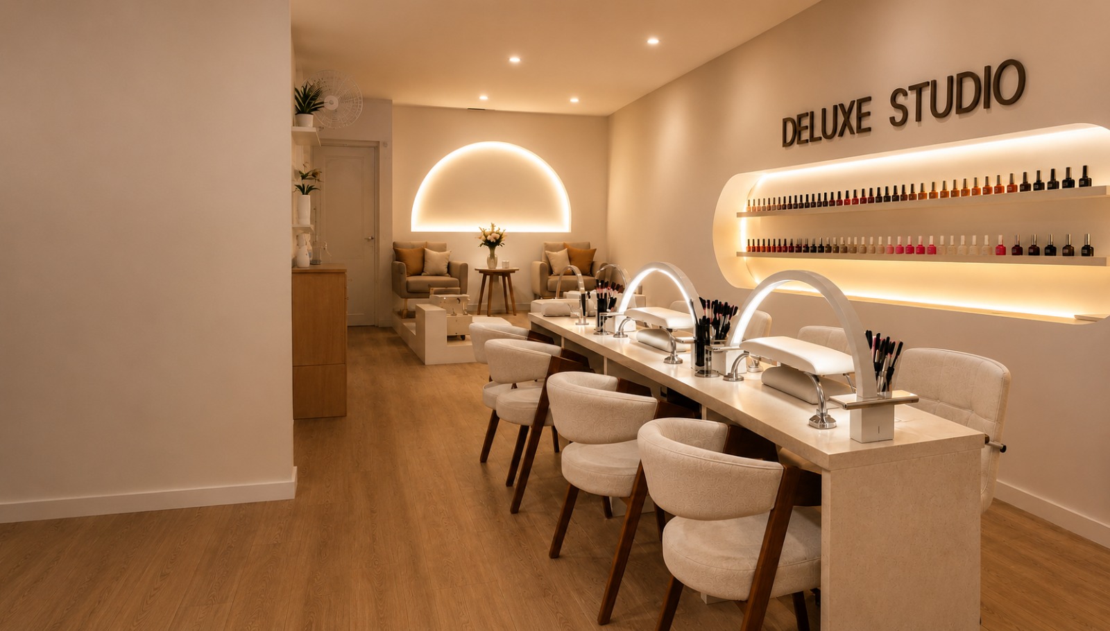 El salón de Deluxe Studio: la mesa de manicure, la estantería iluminada de esmaltes y la sala de espera al fondo