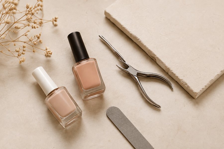 Esmaltes en tono nude junto a una lima y un alicate de cutícula